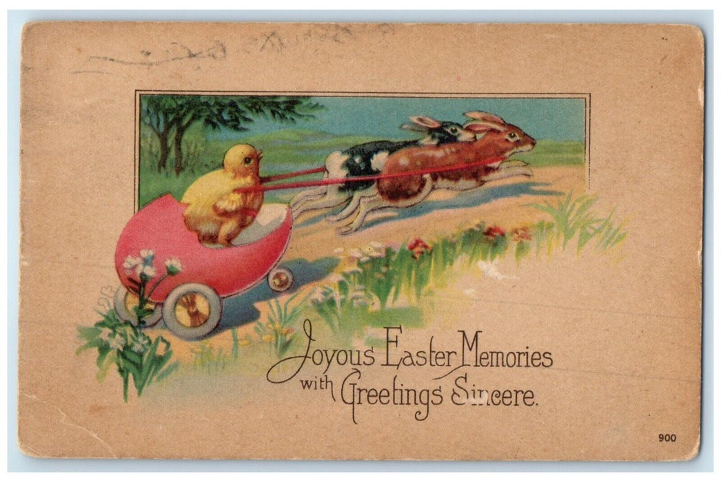 c1910's Easter Greetings Rabbit Pulling Hatched Egg Chick Cameron MO Postcard