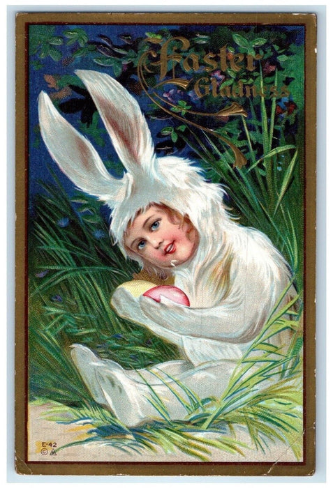 1913 Easter Cute Girl Wearing Rabbit Costume Embossed Kansas City MO Postcard