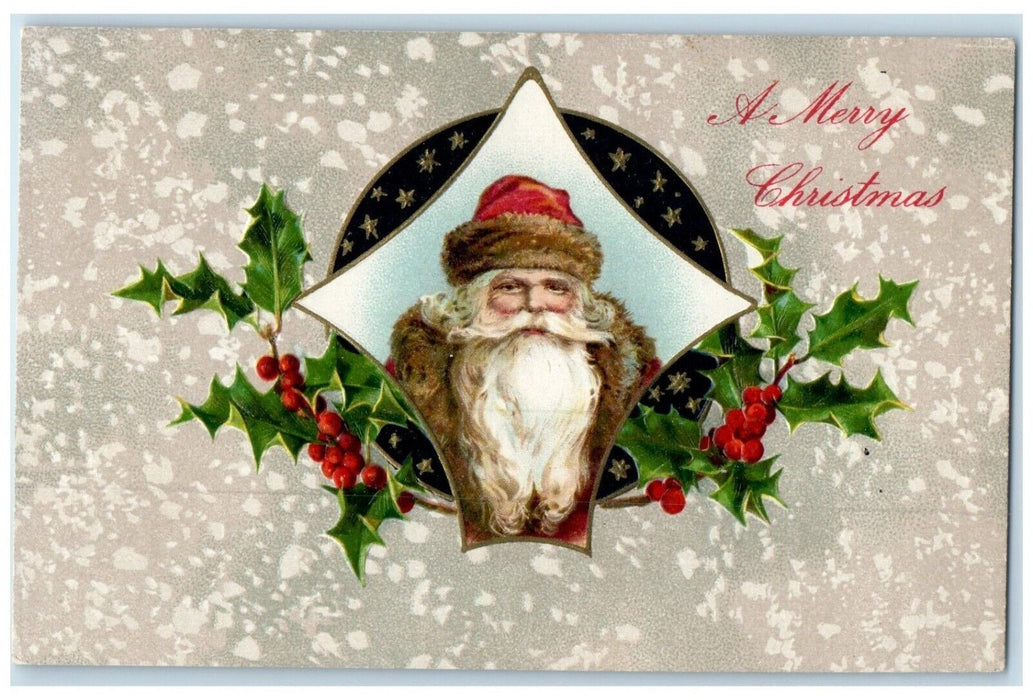 c1910's Christmas Santa Claus Holly Berries Winsch Back Embossed Posted Postcard