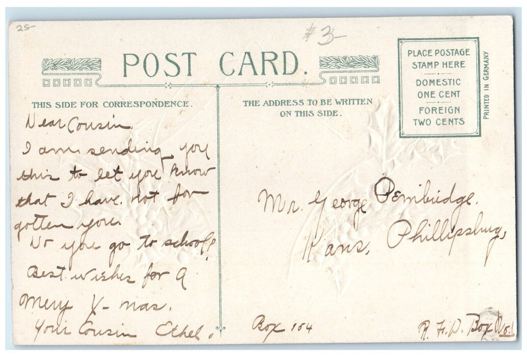 c1910's Christmas Santa Claus Holly Berries Winsch Back Embossed Posted Postcard