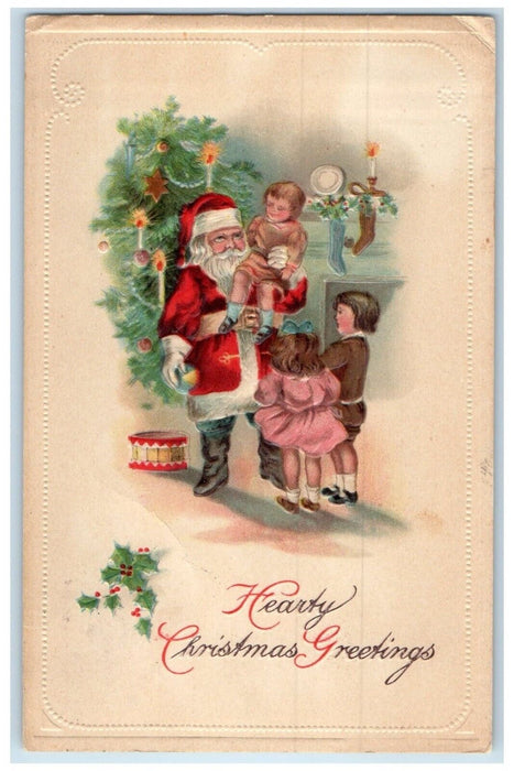 1908 Christmas Greetings Santa Claus Children Stockings Holly Berries Postcard