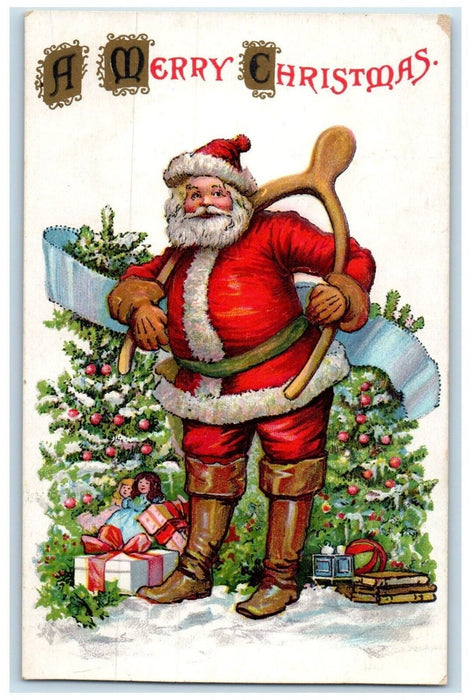 c1910's Christmas Greetings Santa Claus Wishbone Gift Embossed Antique Postcard