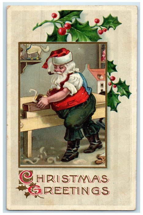 c1910's Christmas Santa Claus Workshop Toys Holly Berries Embossed Postcard
