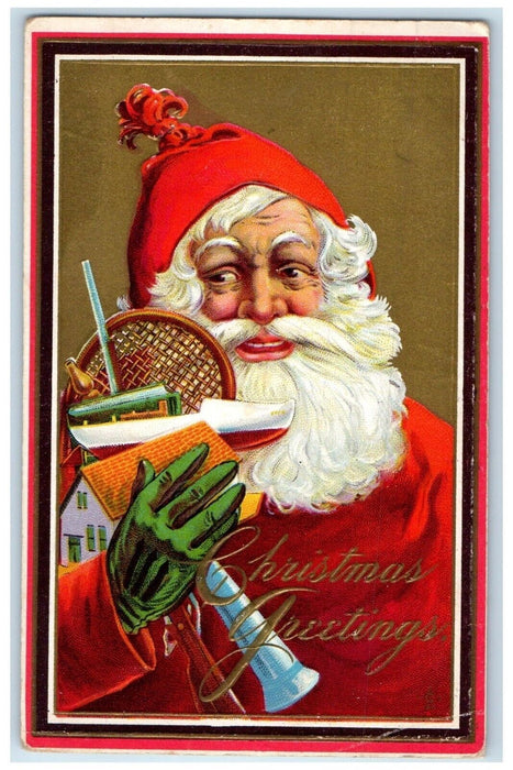 c1910's Christmas Greetings Santa Claus With Toys Embossed Antique Postcard