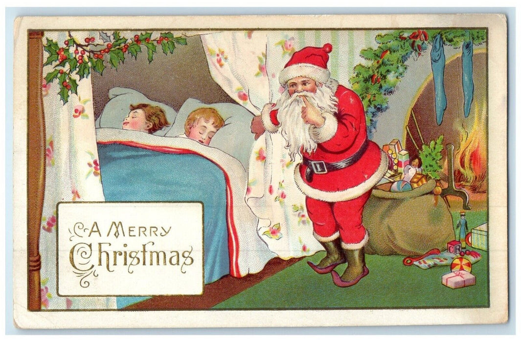 c1910's Christmas Boys Sleeping Santa Claus Sack Of Toys Berries Posted Postcard