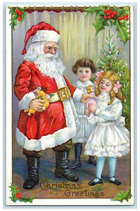 c1910's Christmas Greetings Santa Claus Giving Toys Children Embossed Postcard