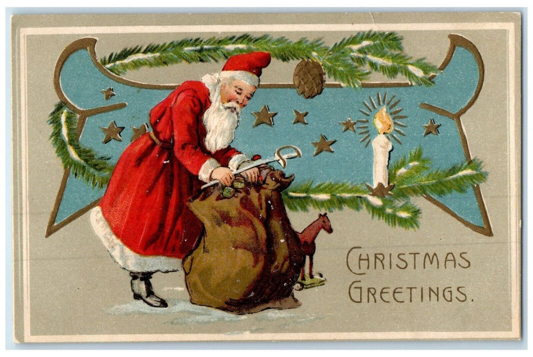 Christmas Greetings Santa Claus Sack Of Toys Pine Cone Candle Embossed Postcard