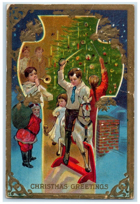 1912 Christmas Greetings Santa Claus Children Rocking Horse Nash Posted Postcard