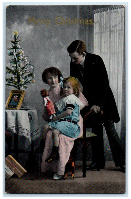c1910's Merry Christmas Family Little Girl Doll Gift Posted Antique Postcard