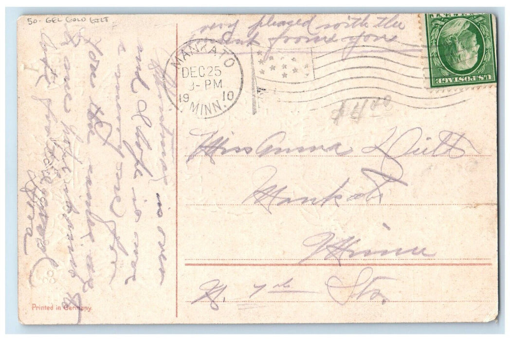 1910 Merry Christmas Woman Handwarmer Berries Gel Gold Gilt Mankato MN Postcard