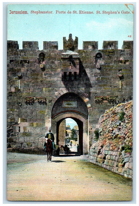 c1910 St. Stephen's Gate Jerusalem Israel Horse Riding Antique Postcard