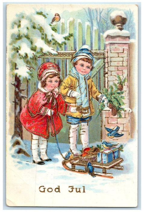 Christmas Children Gift Pine Cone Song Birds Gel Gold Gilt Sweden Postcard