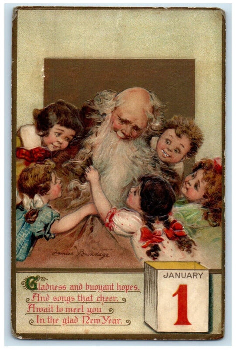 c1910's New Year Calendar Father Time Long Mustache Children Brundage Postcard