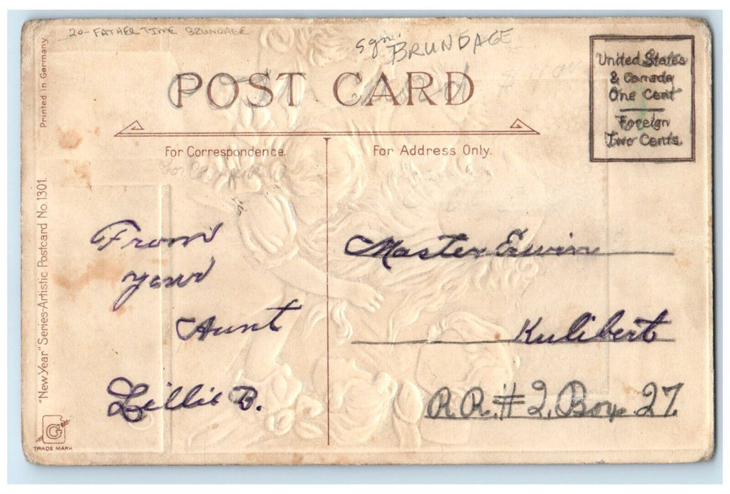 c1910's New Year Calendar Father Time Long Mustache Children Brundage Postcard