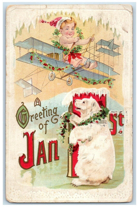 1911 New Year Greeting Airplane Polar Bear Holly Berries Winter Antique Postcard