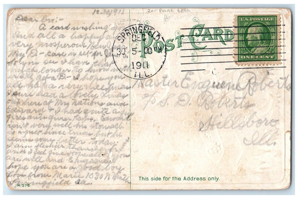 1911 New Year Greeting Airplane Polar Bear Holly Berries Winter Antique Postcard