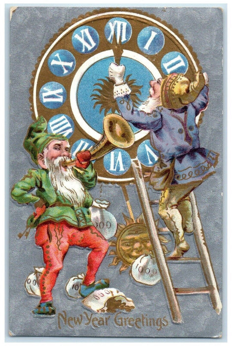 c1910's New Year Greetings Elf Gnome Trumpet Sack Of Coins Clock Posted Postcard