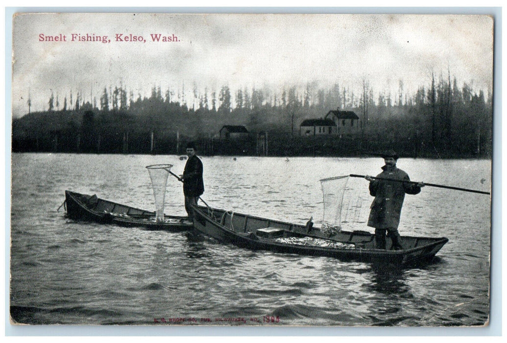 c1910 Boat Canoeing Smelt Fishing Kelso Washington WA Antique Postcard