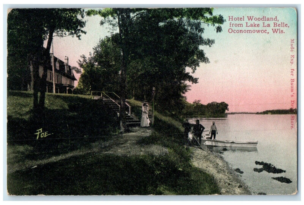 1910 Exterior Hotel Woodland Lake La Belle Boat Oconomowoc Wisconsin WI Postcard