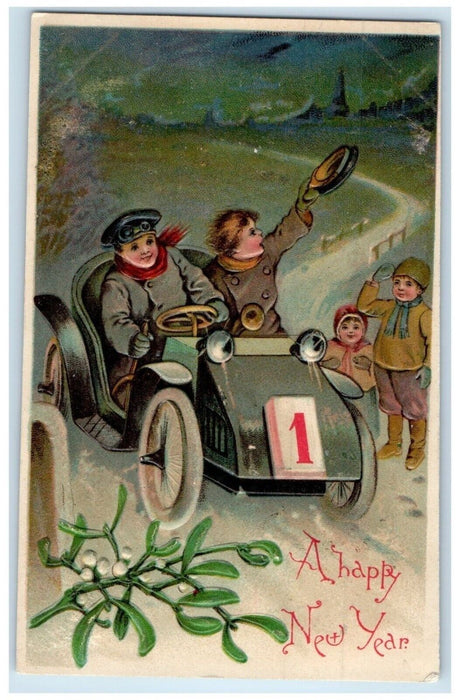 1907 Happy New Year Boy Riding Car Calendar Mistletoe Winter Embossed Postcard