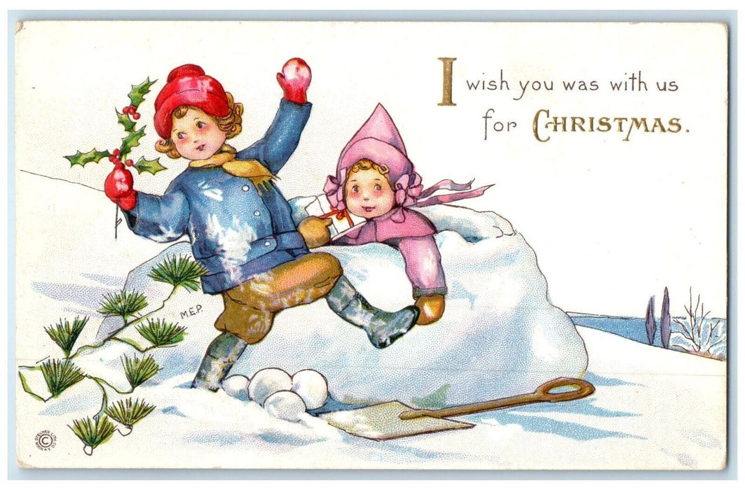 1915 Christmas Children Playing Snowballs Holly Berries Winter Embossed Postcard