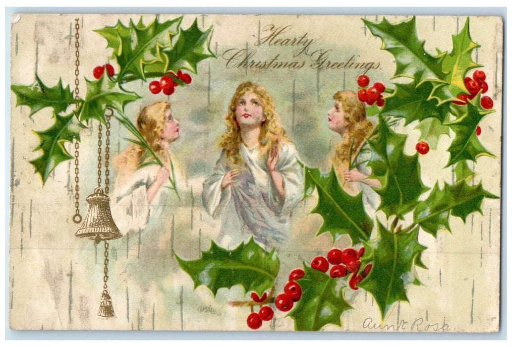 1907 Christmas Greeting Angels Bells Holly Berries Winsch Back Embossed Postcard