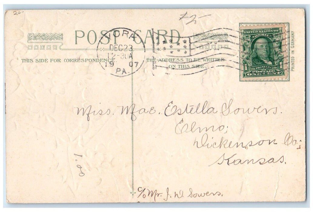 1907 Christmas Greeting Angels Bells Holly Berries Winsch Back Embossed Postcard