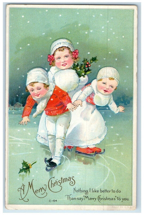 c1910s Christmas Children Ice Skating Holly Berries Handwarmer Embossed Postcard
