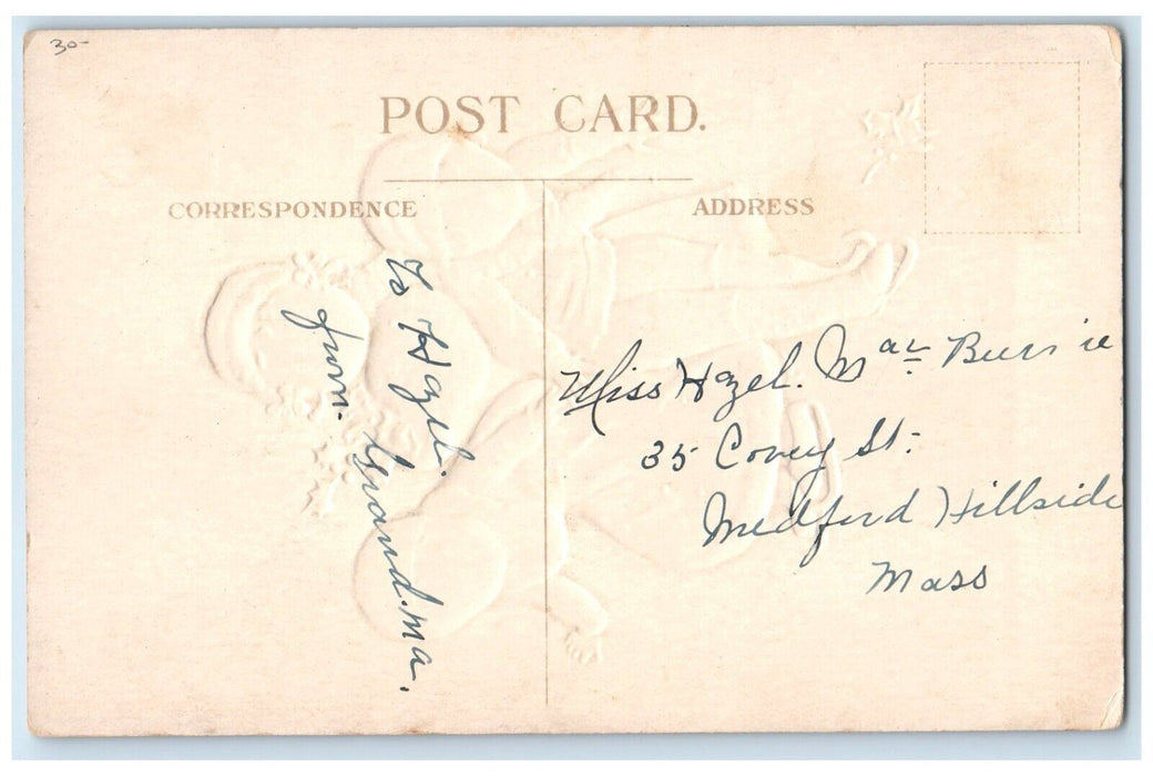 c1910s Christmas Children Ice Skating Holly Berries Handwarmer Embossed Postcard