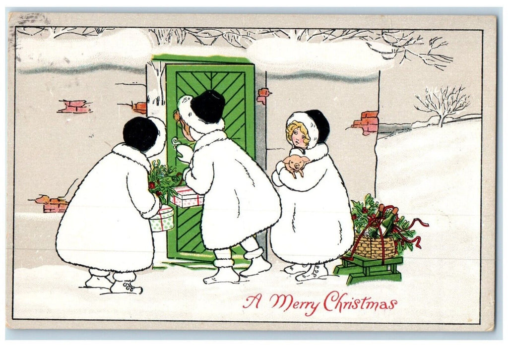 c1910's Merry Christmas Girls Knocking Door Holly Berries Gift Antique Postcard