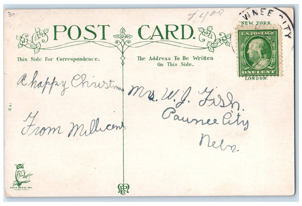 c1910's Merry Christmas Girls Knocking Door Holly Berries Gift Antique Postcard