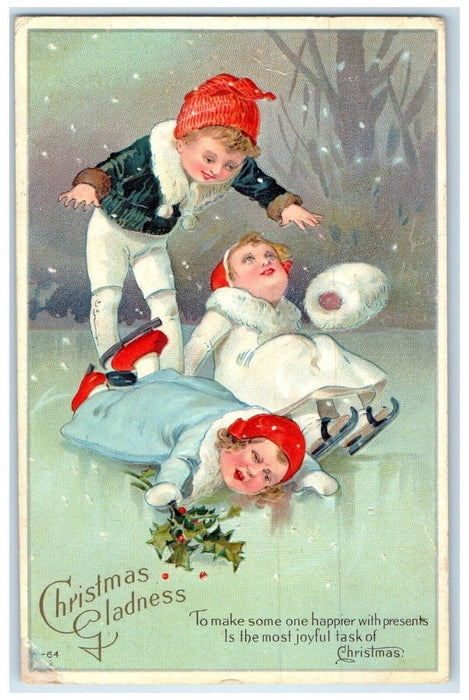 1913 Christmas Children Playing Ice Skating Holly Berries Handwarmer Postcard