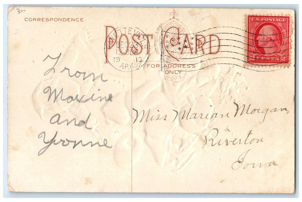 1913 Christmas Children Playing Ice Skating Holly Berries Handwarmer Postcard