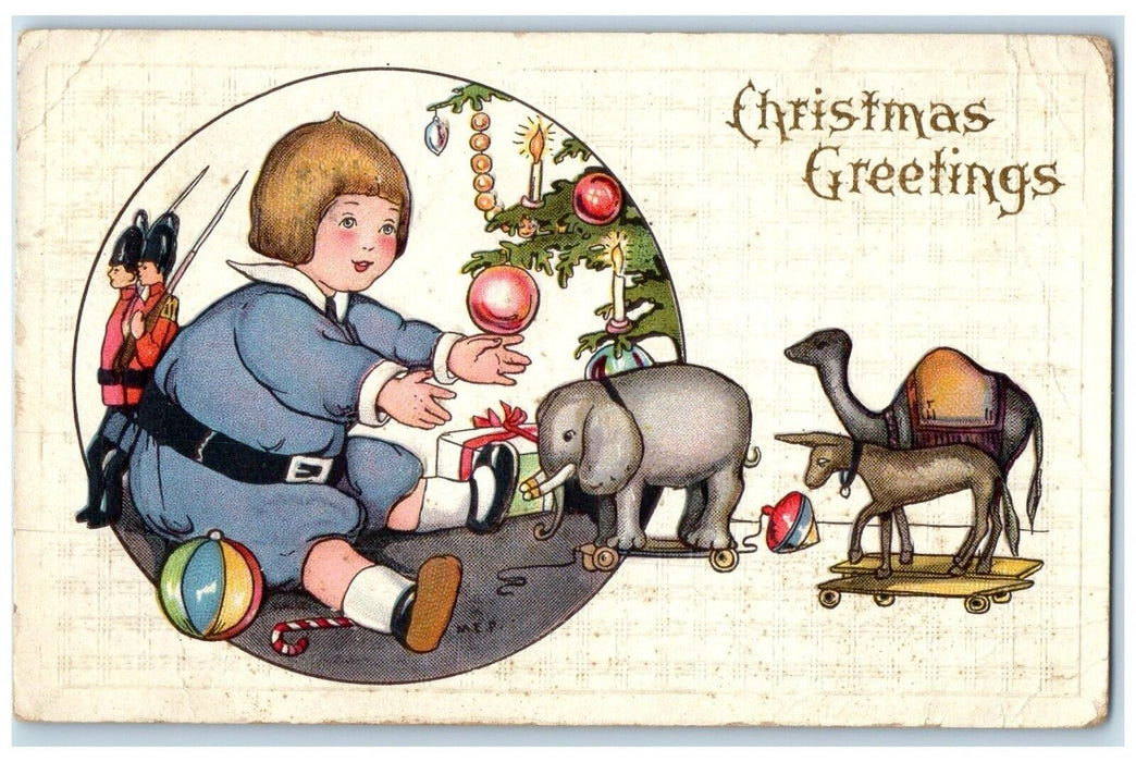 1916 Christmas Greetings Little Girl Playing Toys Embossed Antique Postcard