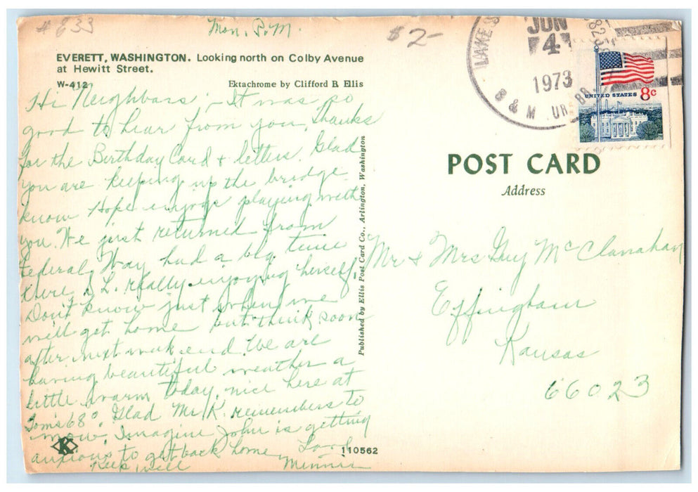 1973 Looking North on Colby Avenue Hewitt Street Everett Washington WA Postcard