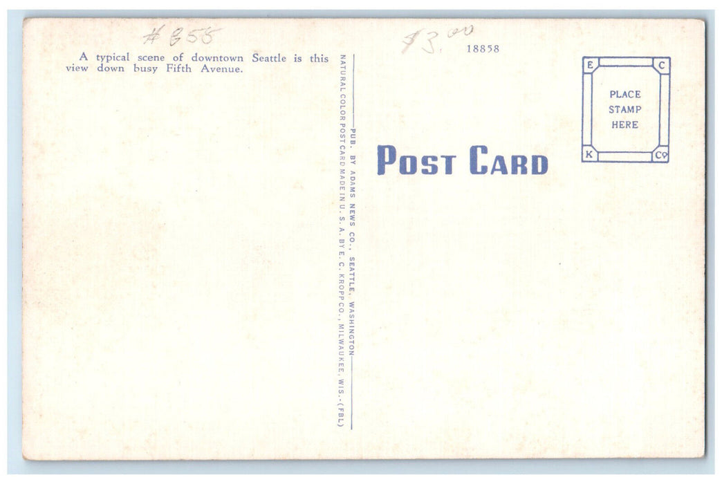 c1950's Fifth Avenue From University Street Seattle Washington WA Postcard