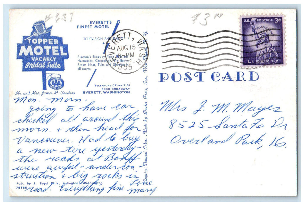 1955 Topper Motel Everett's Finest Motel Washington WA Vintage Postcard