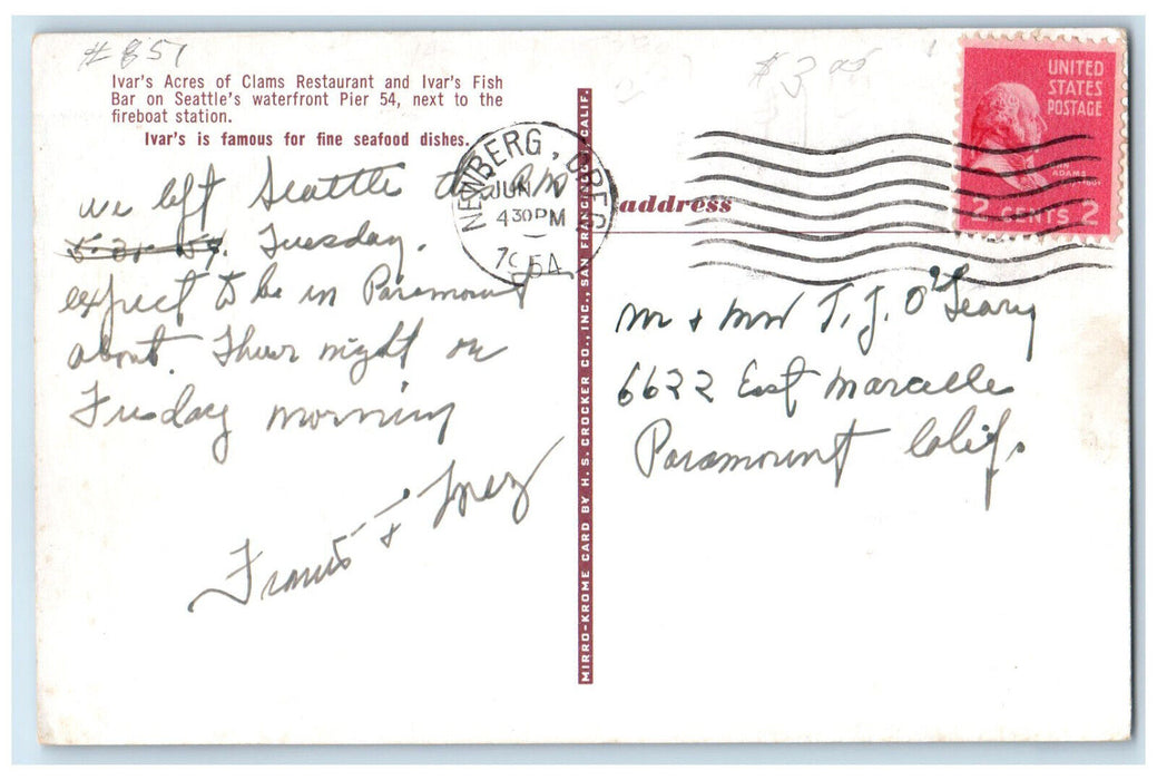 1954 Ivar's Acres of Clams Restaurant Ivar's Bar Seattle WA Postcard