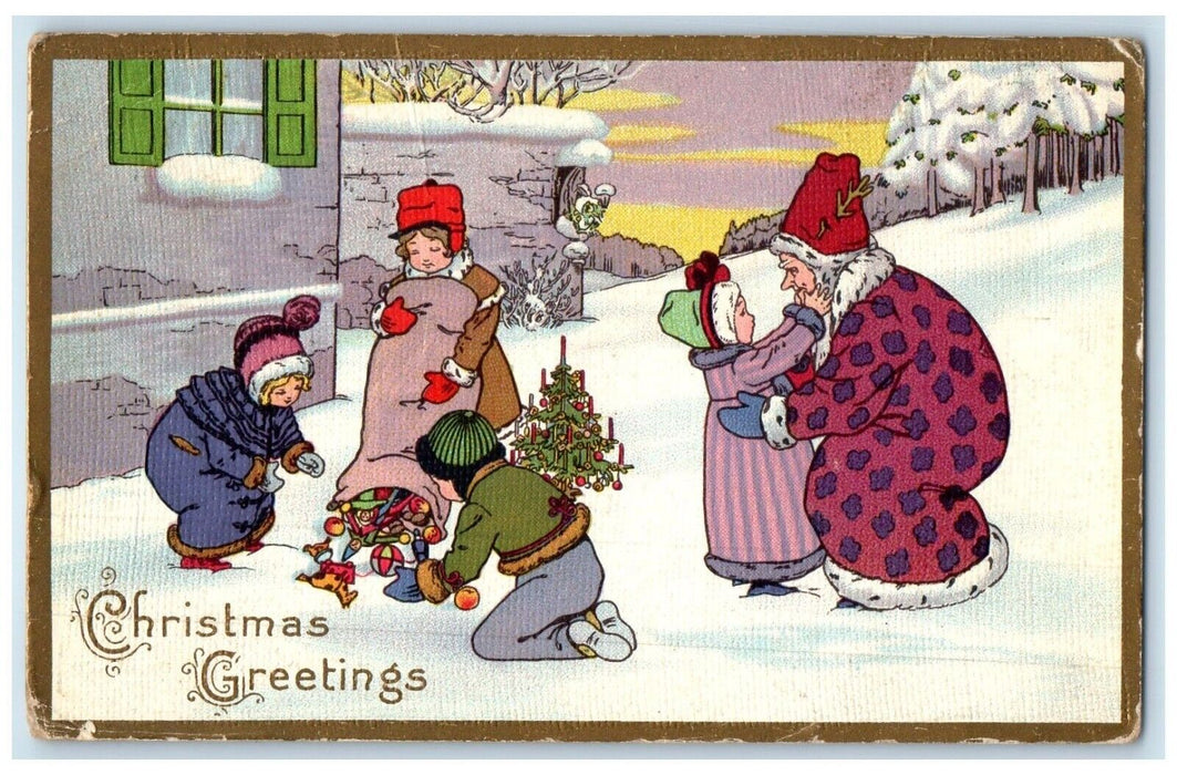 1919 Christmas Greetings Santa Claus Sack Of Toys Clarno Wisconsin WI Postcard