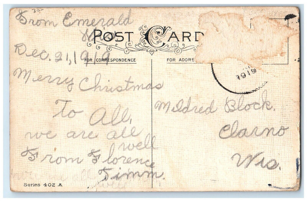 1919 Christmas Greetings Santa Claus Sack Of Toys Clarno Wisconsin WI Postcard