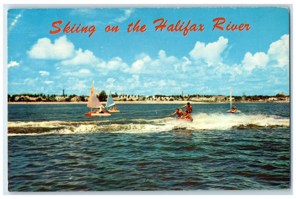 1968 Skiing On The Halifax River Florida FL, Water Skiers Sailboat Postcard