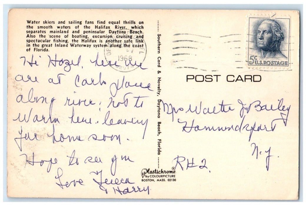 1968 Skiing On The Halifax River Florida FL, Water Skiers Sailboat Postcard