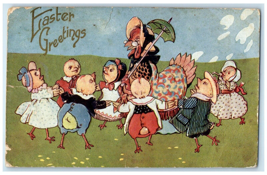 1912 Easter Greetings Anthropomorphic Chicks Playing Embossed Antique Postcard