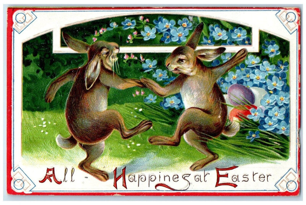 c1910's Easter Anthropomorphic Rabbit Dancing Egg Flowers Embossed Postcard