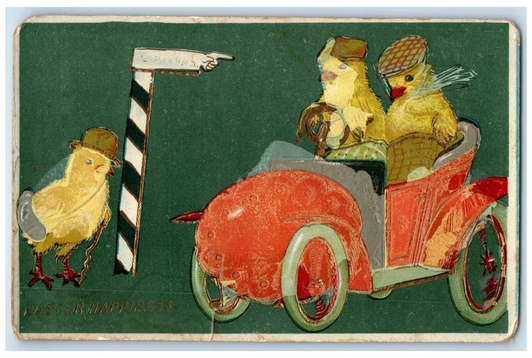 1914 Easter Anthropomorphic Chicks Driving Car Ge Gold Gilt Alpena MI Postcard