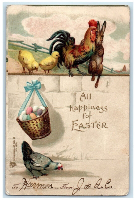 1906 Easter Hugging Rooster Rabbit Hanging Egg Basket St. Joseph MO Postcard