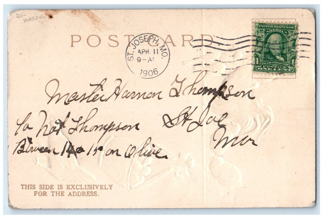 1906 Easter Hugging Rooster Rabbit Hanging Egg Basket St. Joseph MO Postcard