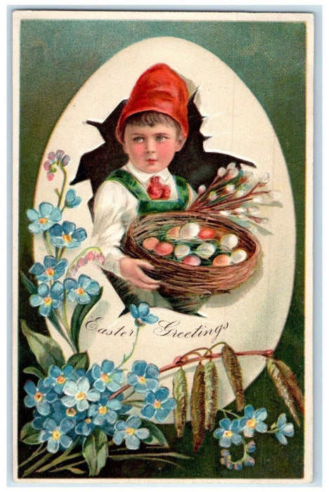 Easter Greetings Boy In Hatched Egg Pansies Eggs Pipe Berry Cattail Postcard