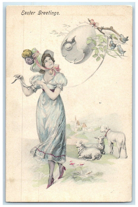 1906 Easter Greetings Woman Ringing Hatched Egg Lamb Milwaukee WI Postcard