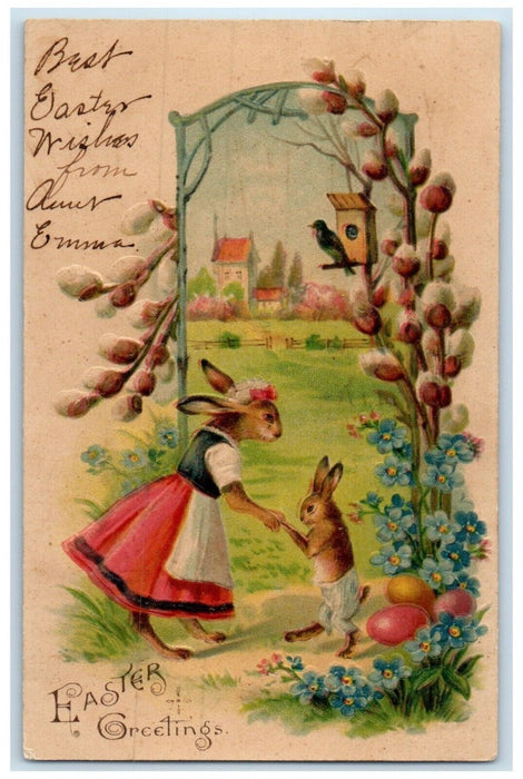 1907 Easter Greetings Anthropomorphic Rabbit Pansies Flowers Pipe Berry Postcard